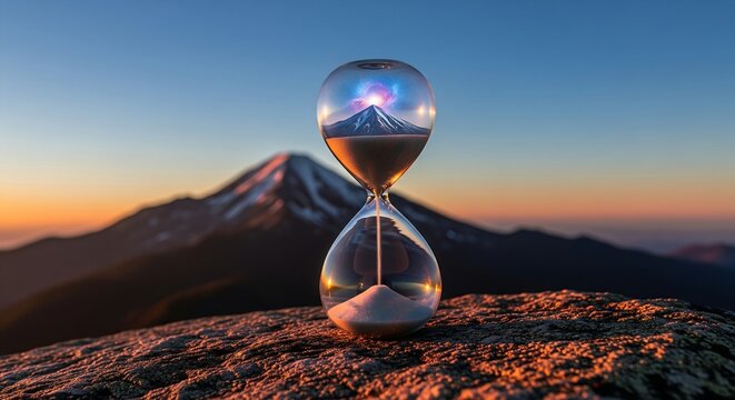 On a flat rock at the summit; hourglass captures the peak of the mountain inside a nebTLa.