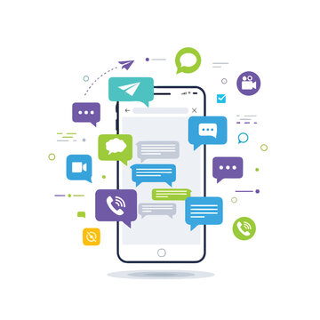 A smartphone with colorful chat and media icons