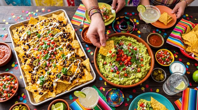 Loaded beef nachos and fresh guacamole dip served at a festive Cinco de Mayo party