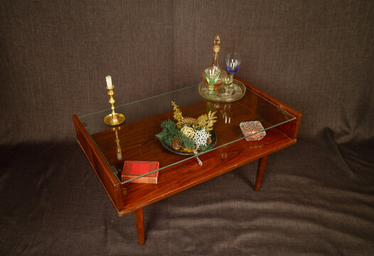 vintage furniture and accessories on a dark background
