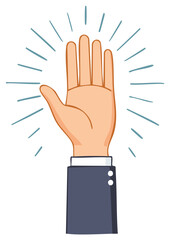 Fototapeta premium Raised hand in suit with radiating lines signifying idea or awareness