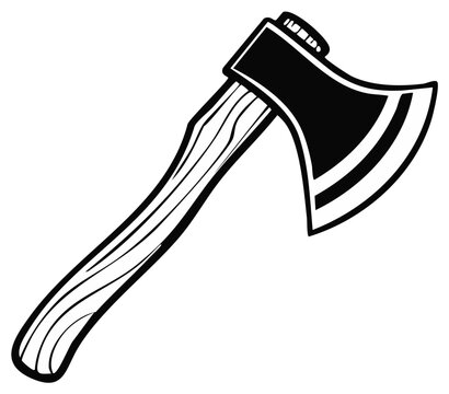 Black and white cartoon drawing of a wood chopping axe with a wooden handle