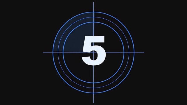 Retro film countdown leader with numbers counting down from eight to three with blue circular graphics.