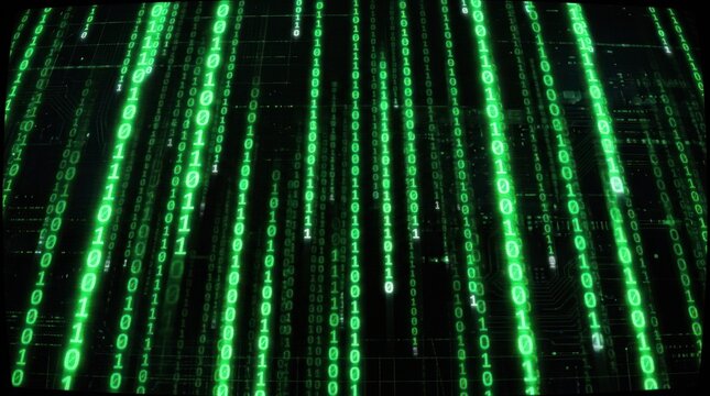 Matrix-style binary code falling against a black background.