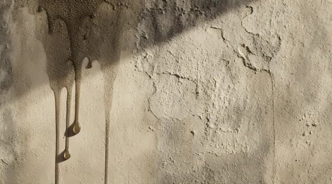 Rough and textured concrete wall showcasing pronounced water stains and dark drips, casting a stark shadow across its surface, embodying decay and the passage of time