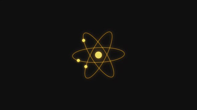 Glowing yellow atom symbol with electrons spinning in elliptical orbits representing nuclear energy and scientific research.