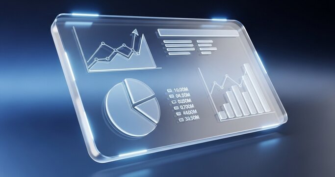 Futuristic glass digital dashboard with data charts