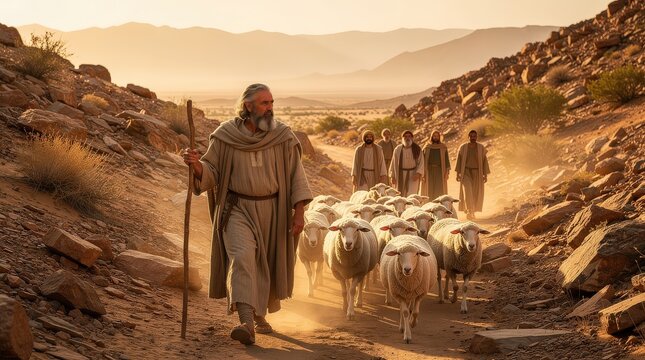 A shepherd leads a flock of sheep through a dusty, rocky desert path with mountains in the background and people following behind.