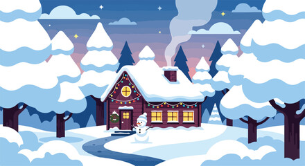 A snowman stands before a decorated house in a snowy forest © Giu