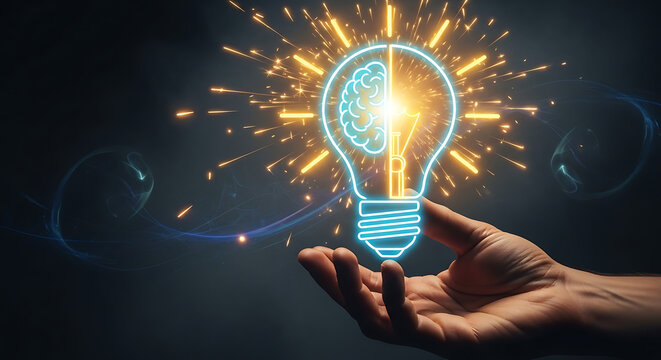 Human hand holding a glowing light bulb brain concept