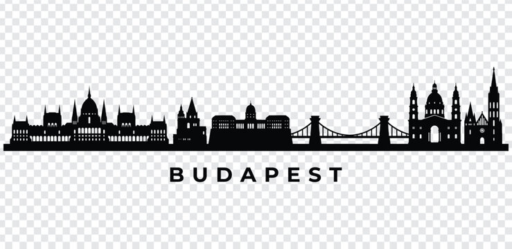 Black silhouette of budapest city skyline with famous landmarks and bridge