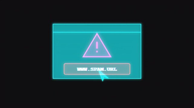 Neon digital warning popup window with a cursor clicking on a spam url link for cybersecurity concepts