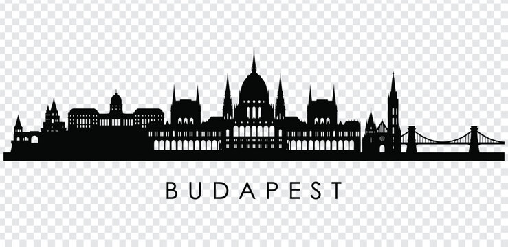 Black silhouette of budapest city skyline with famous landmarks