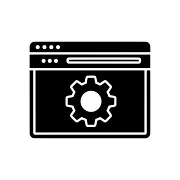 A simple black and white icon of a browser window with a gear silhouette