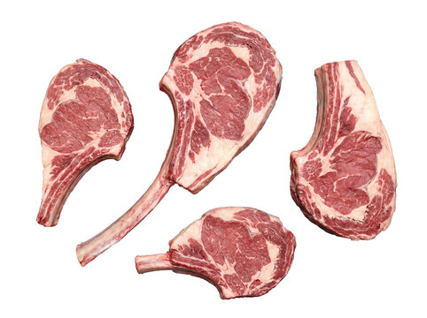 Array of bone-in raw beef cuts, showcasing Tomahawk and ribeye steaks, isolated on a transparent background.