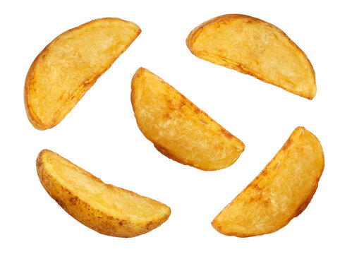 Assortment of delicious golden-fried potato wedges, perfectly cooked and isolated on a transparent background.