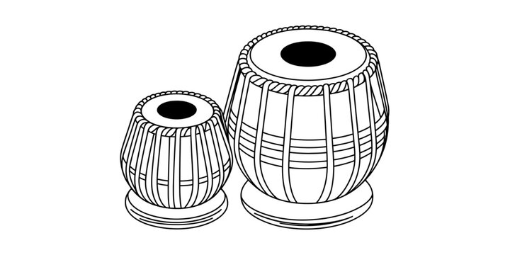 Black and white line drawing of traditional indian tabla drums musical instrument Vector, illustration