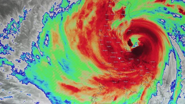 The weather forecast interface on the digital screen shows the storm., Global warming concept
