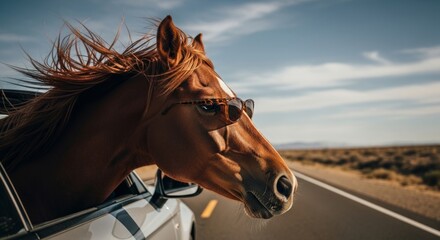 Fototapeta premium Horse in Sunglasses Riding in Car on Desert Highway