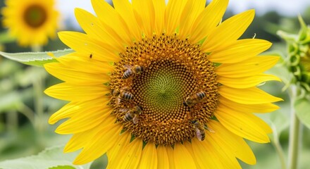 Obraz premium bright sunflower attracting bees in a lush field