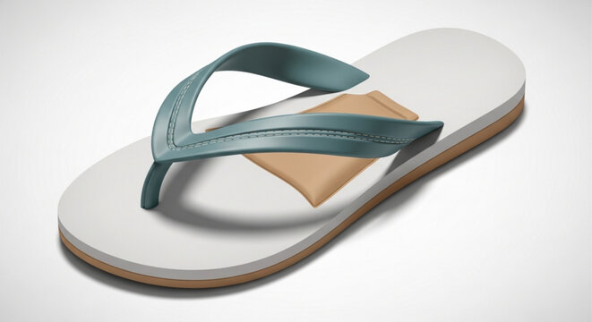 Teal flip flop with white sole and brown heel on plain background