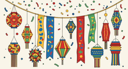 Obraz premium Colorful hanging lanterns and banners with confetti