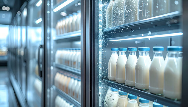 Glass milk bottles arranged inside a refrigerated supermarket aisle