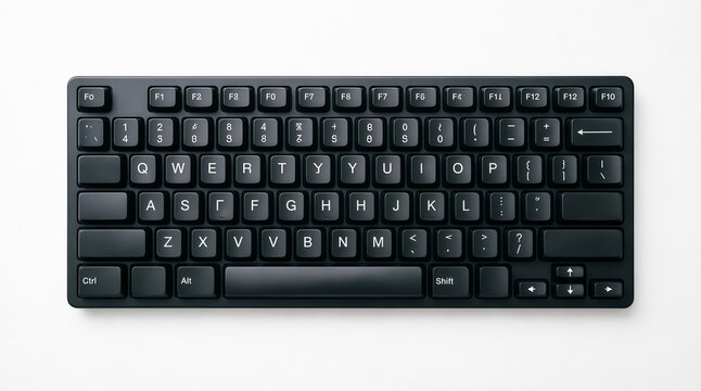 Keyboard computer with black keys and white letters on a plain background featuring QWERTY layout, typing input, office equipment with technology and