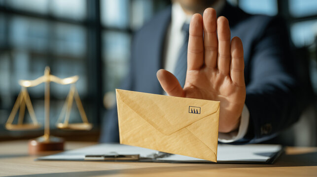 Businessperson making a stop gesture toward an envelope beside legal scales, symbolizing anti bribery, ethics, justice, integrity, and corruption prevention.