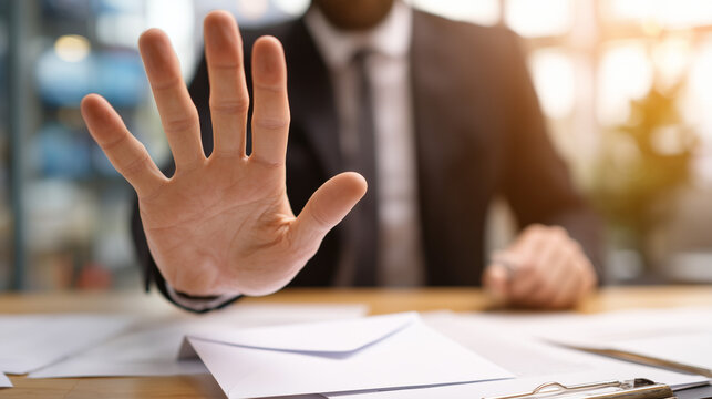 Businessperson making a stop gesture over office documents and envelopes, symbolizing rejection, boundaries, ethics, professionalism, and responsible decisions.