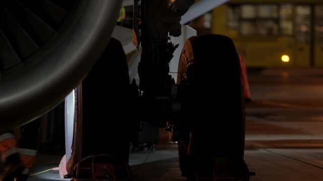 Airplane aircraft landing gear technic man inspection. Airport terminal technician worker man airline maintenance ground crew aircraft. Safety at evening night.