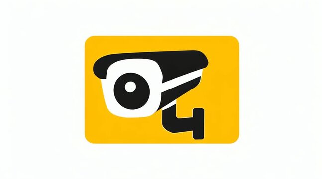 Crisp, flat vector illustration of a modern security surveillance camera icon in black on a bright yellow background, representing protection and monitoring systems for various applications