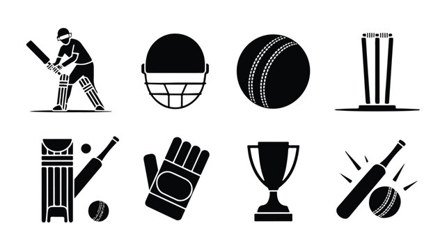 Black and white cricket icons including player, helmet, ball, and trophy