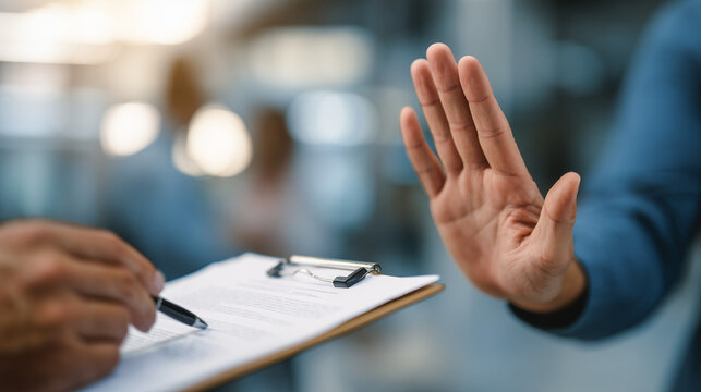 Businessperson making a stop gesture during a document signing process, symbolizing rejection, boundaries, ethics, professionalism, and responsible decision making.