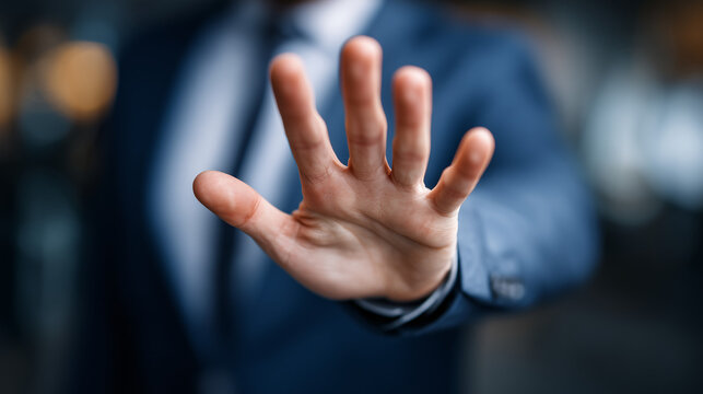 Businessperson making a stop gesture with an open hand in a modern office, symbolizing rejection, boundaries, authority, protection, and professional integrity.