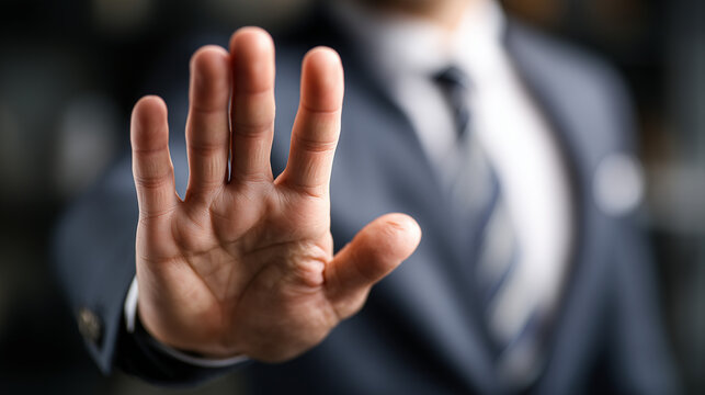 Businessperson making a stop gesture with an open hand in a modern office, symbolizing rejection, boundaries, authority, protection, and professional integrity.