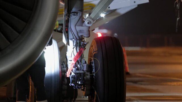 Airplane aircraft landing gear technic man inspection. Airport terminal technician worker man airline maintenance ground crew aircraft. Safety at evening night.
