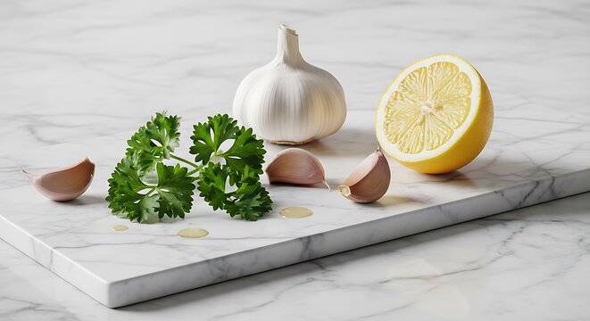 Fresh curly parsley sprigs with garlic cloves and half a lemon arranged artistically on a luxurious white marble cutting board surface for culinary use