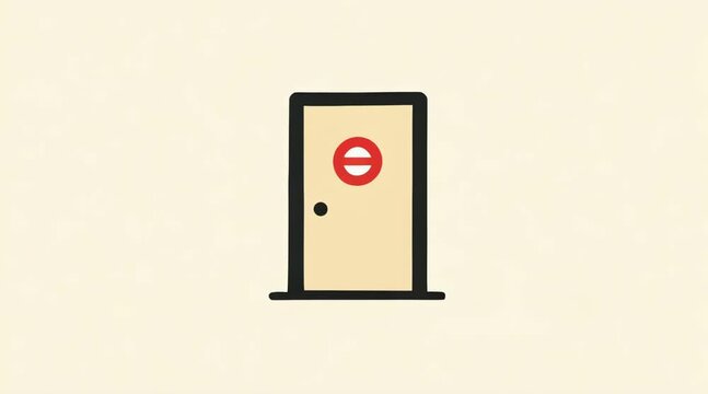 Minimalist flat design icon of a closed door with a prominent no entry sign, visually representing restriction, forbidden access, warning, or a blocked entrance
