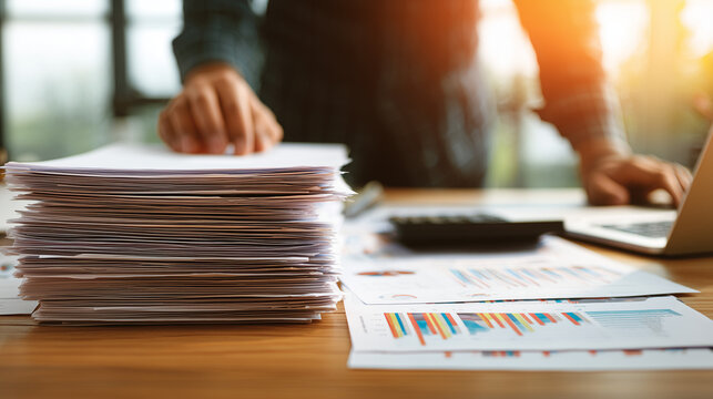 Business professional organizing stacks of documents and reports on a modern desk, symbolizing productivity, office management, planning, and corporate workflow.