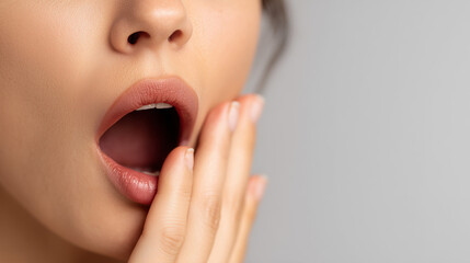 Naklejka premium Close up portrait of sleepy woman covering mouth while yawning in soft studio lighting, expressing fatigue, exhaustion, and natural human emotion.
