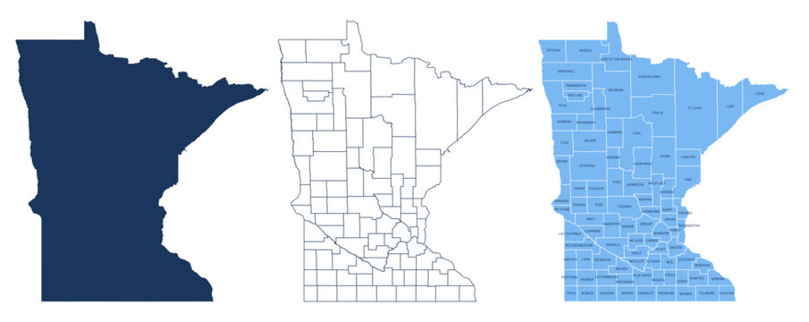 Minnesota Counties Map - State Silhouette, County Outline and Labeled Map Vector