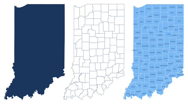 Indiana Counties Map - State Silhouette, County Outline and Labeled Map Vector