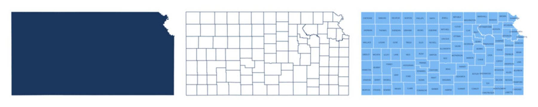 Kansas Counties Map with Labels &ndash; State Silhouette and County Boundaries Vector