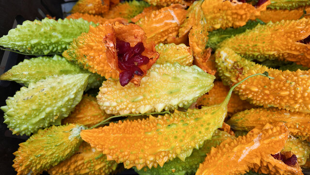 Fresh bitter gourd on display at a market in sunny afternoon