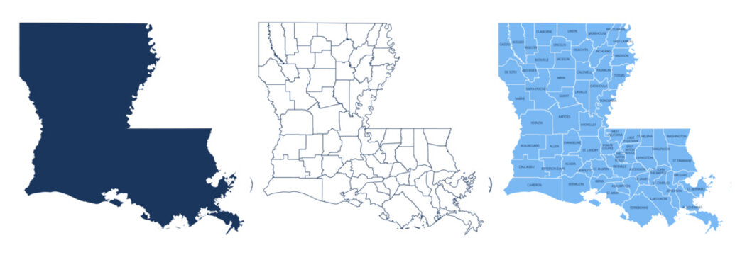 Louisiana Parishes Map with Labels &ndash; State Silhouette and Administrative Boundaries Vector