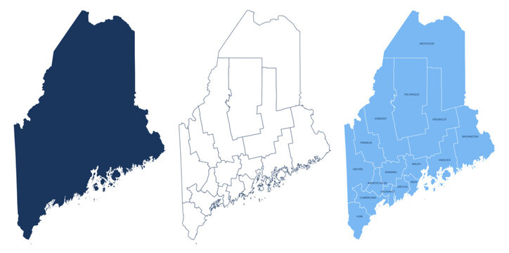Maine Counties Map with Labels &ndash; State Silhouette and County Boundaries Vector