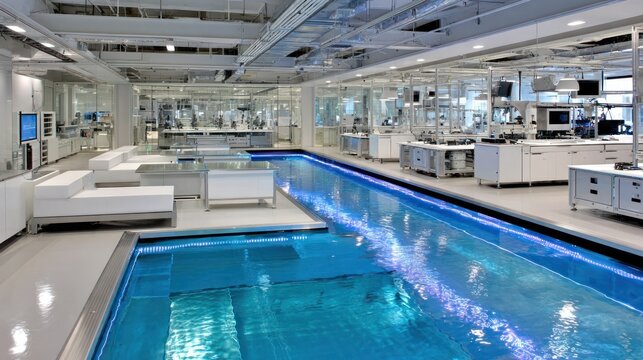 Modern laboratory space features an integrated indoor water channel for research and development