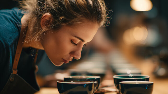 Professional female barista cupping specialty coffee while smelling aroma during tasting session in modern cafe, showcasing sensory evaluation and coffee culture.