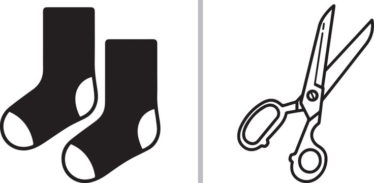 Black socks and scissors outline icons set isolated on white background vector illustration for tailoring and craft